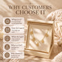 The image is an advertisement for a jewelry product, featuring a necklace displayed in a box. The text above the image reads "WHY CUSTOMERS CHOOSE IT". Below the image, there are five questions about the product, including "What is it?", "Product shown as photographed", "Everyday use case", "How do I use it?", and "What do I get?". The text also mentions that the product is designed for anyone and that the customer can trust the quality.