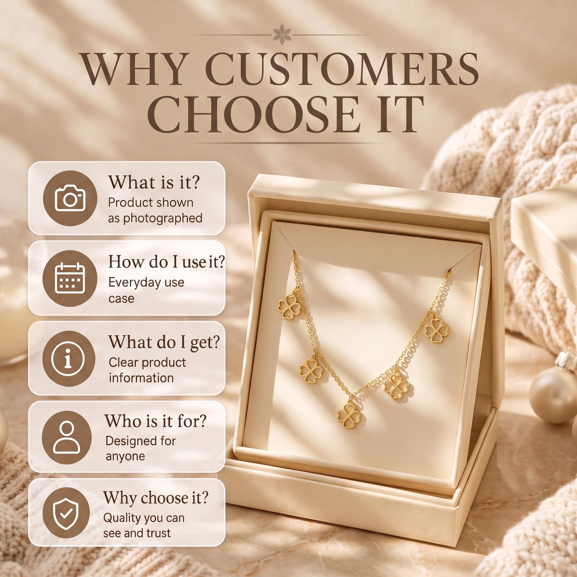 The image is an advertisement for a jewelry product, featuring a necklace displayed in a box. The text above the image reads "WHY CUSTOMERS CHOOSE IT". Below the image, there are five questions about the product, including "What is it?", "Product shown as photographed", "Everyday use case", "How do I use it?", and "What do I get?". The text also mentions that the product is designed for anyone and that the customer can trust the quality.