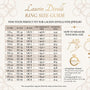 The image is a ring size guide for Laurin Divelli Fine Jewelry. It provides the US and EU sizes for Laurin Divelli Fine Jewelry rings, along with the corresponding UK sizes. The guide also explains how to measure your ring size using the string/paper method.