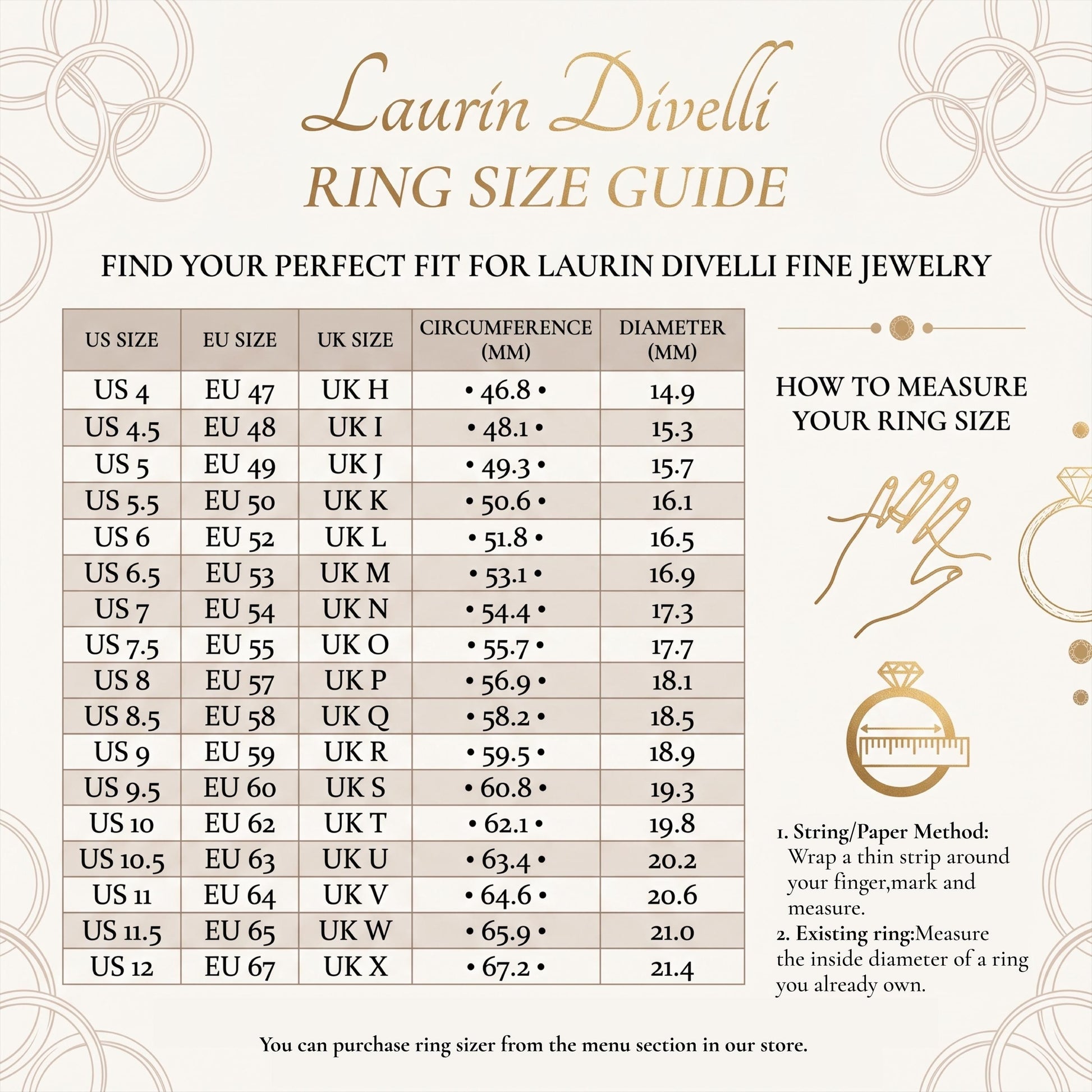 The image is a ring size guide for Laurin Divelli Fine Jewelry. It provides the US and EU sizes for Laurin Divelli Fine Jewelry rings, along with the corresponding UK sizes. The guide also explains how to measure your ring size using the string/paper method.
