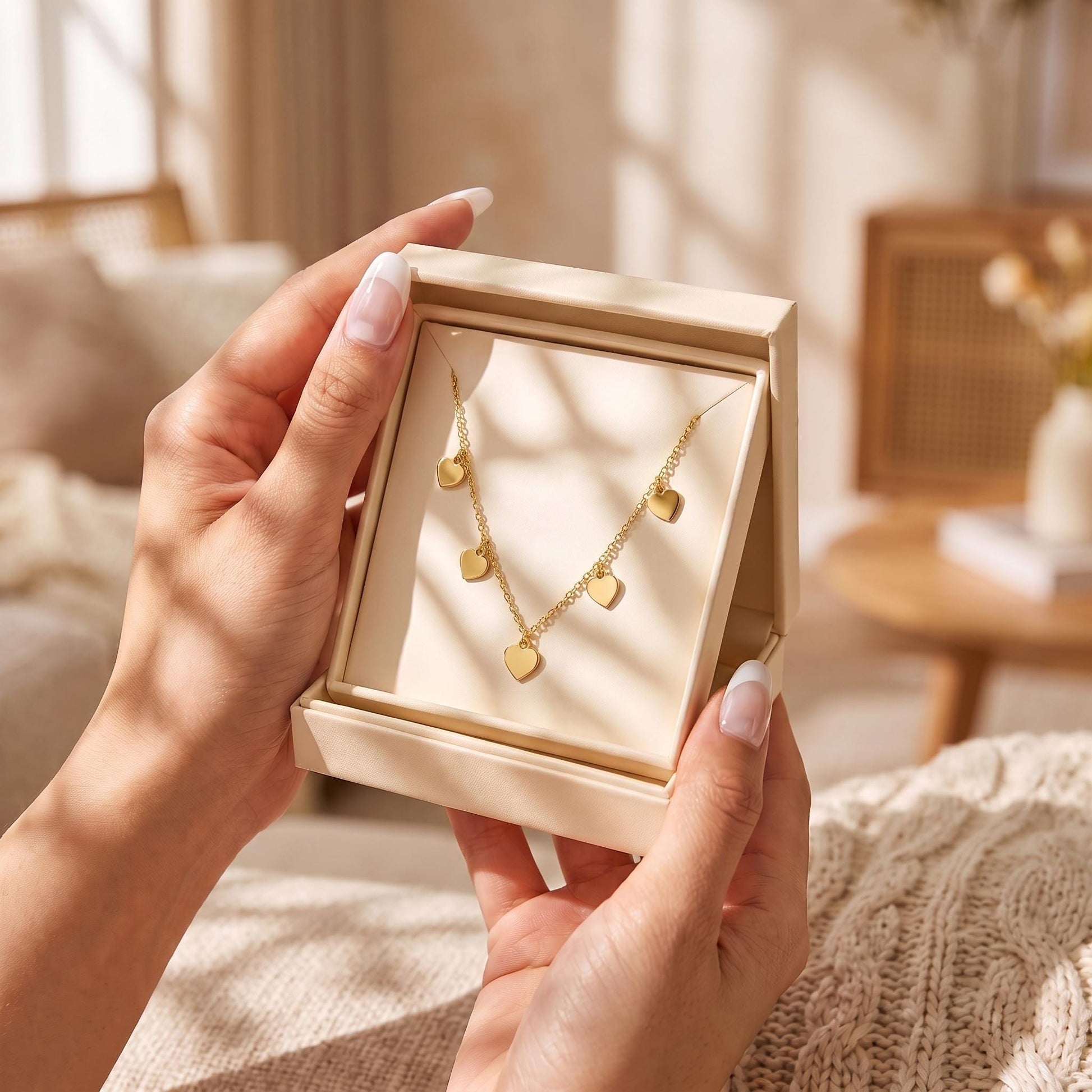 A person's hands holding a gold necklace with heart-shaped pendants in a white jewelry box.