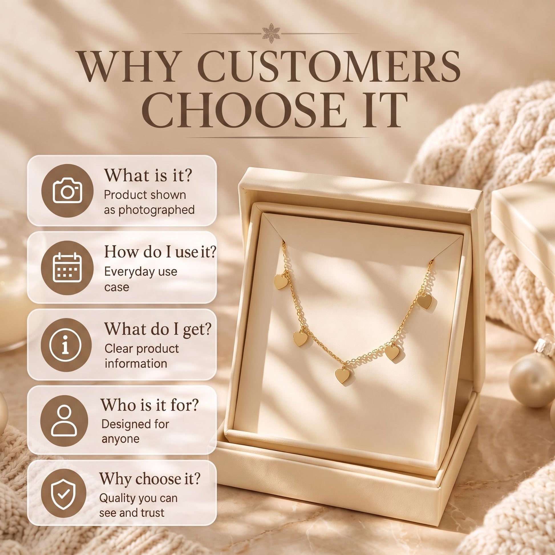 The image is an advertisement for a jewelry product, featuring a necklace displayed in a white box. The text above the image reads "WHY CUSTOMERS CHOOSE IT", and the text below the image provides information about the product, including its features and benefits.