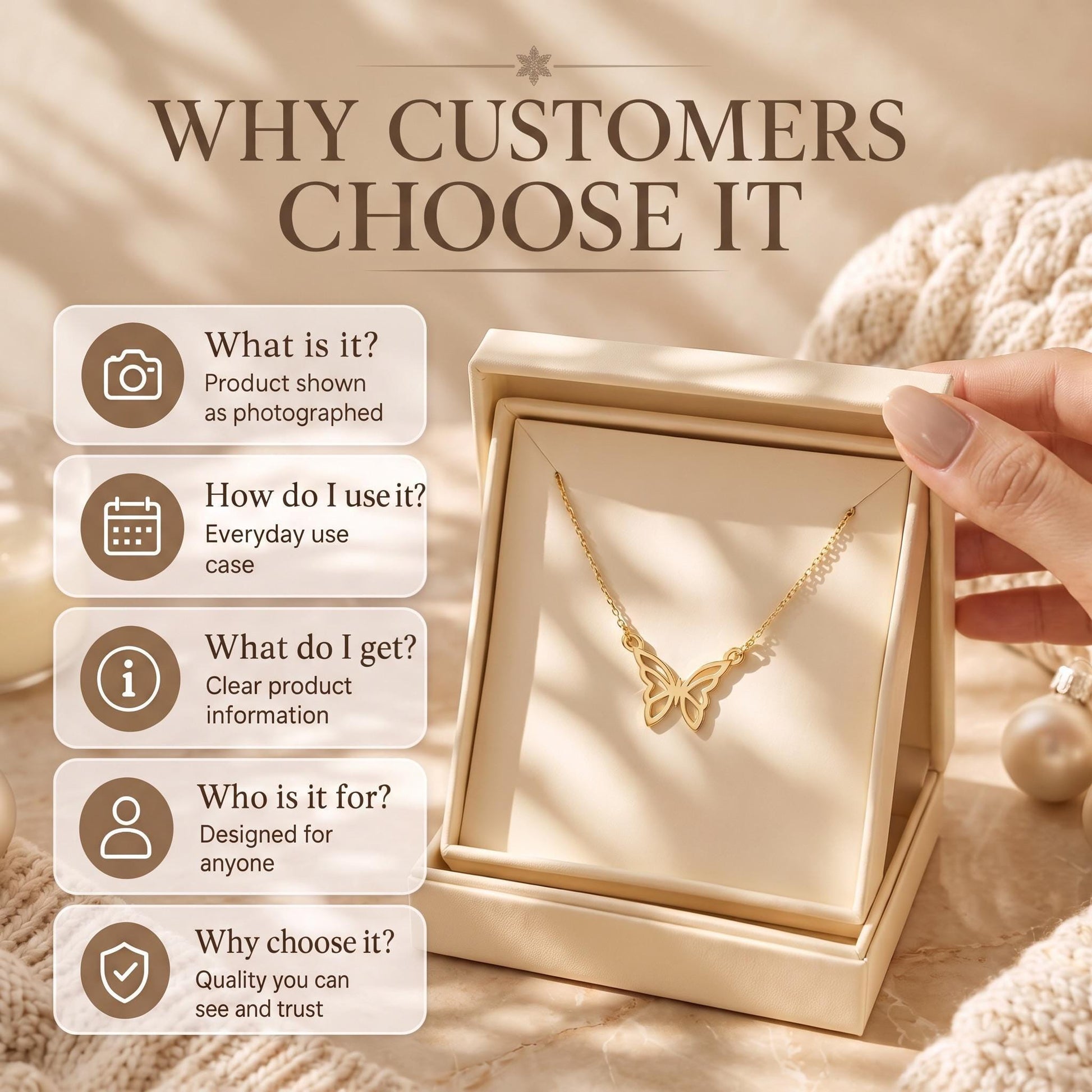 The image is an advertisement for a jewelry product, specifically a necklace, with a hand holding the product in a box. The text above the product reads "WHY CUSTOMERS CHOOSE IT". The product is shown as photographed, everyday use case, clear product information, who it is for, and why customers choose it.