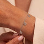 A close-up view of a person's wrist wearing a delicate silver bracelet with small flower-shaped charms.