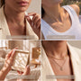 The image is a collage of four photos showing different ways to wear a necklace, with labels indicating the occasion or style.