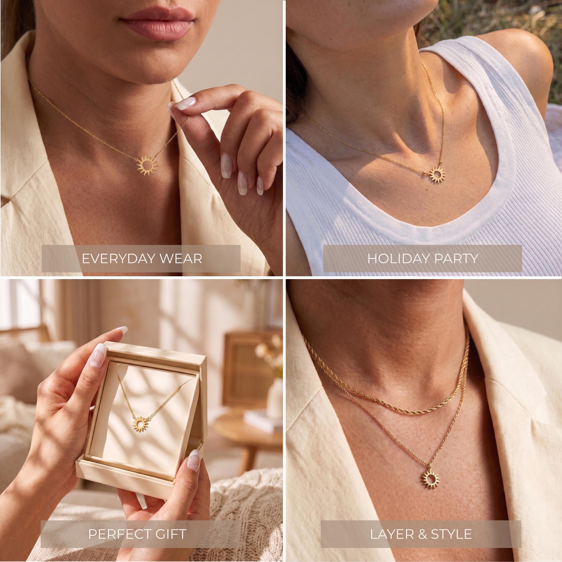 The image is a collage of four photos showing different ways to wear a necklace, with labels indicating the occasion or style.