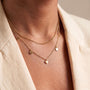 A close-up view of a person's neck and chest area wearing a delicate gold necklace with multiple small heart-shaped charms.