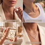 The image is a collage of four photos showing different ways to wear a necklace, including everyday wear, holiday party, perfect gift, and layer & style.