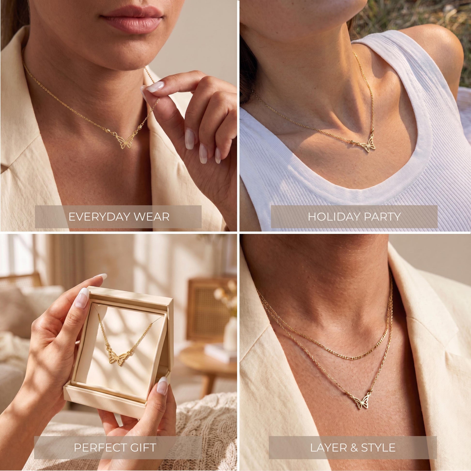 The image is a collage of four photos showing different ways to wear a necklace, including everyday wear, holiday party, perfect gift, and layer & style.