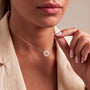 A close-up of a woman's neck and chin wearing a silver necklace with a pendant.