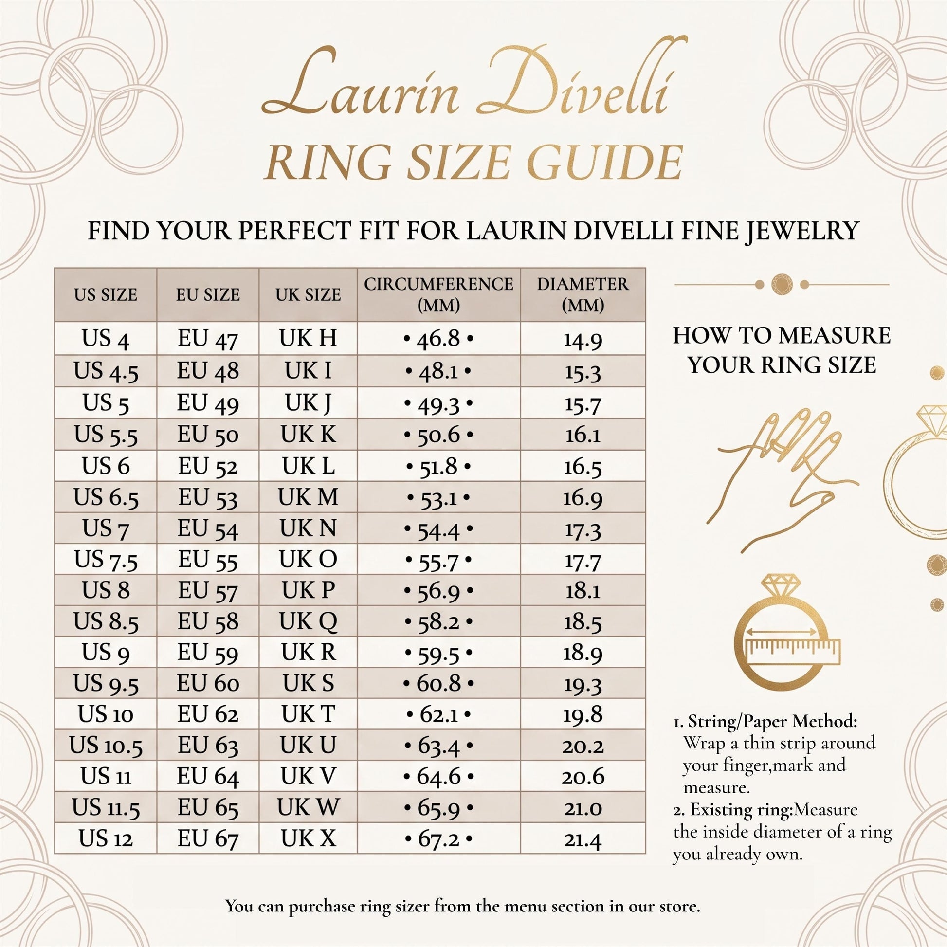 The image is a ring size guide for Laurin Divelli Fine Jewelry. It provides the US and EU sizes for Laurin Divelli Fine Jewelry rings, along with the corresponding UK sizes. The guide also explains how to measure your ring size using the string/paper method.