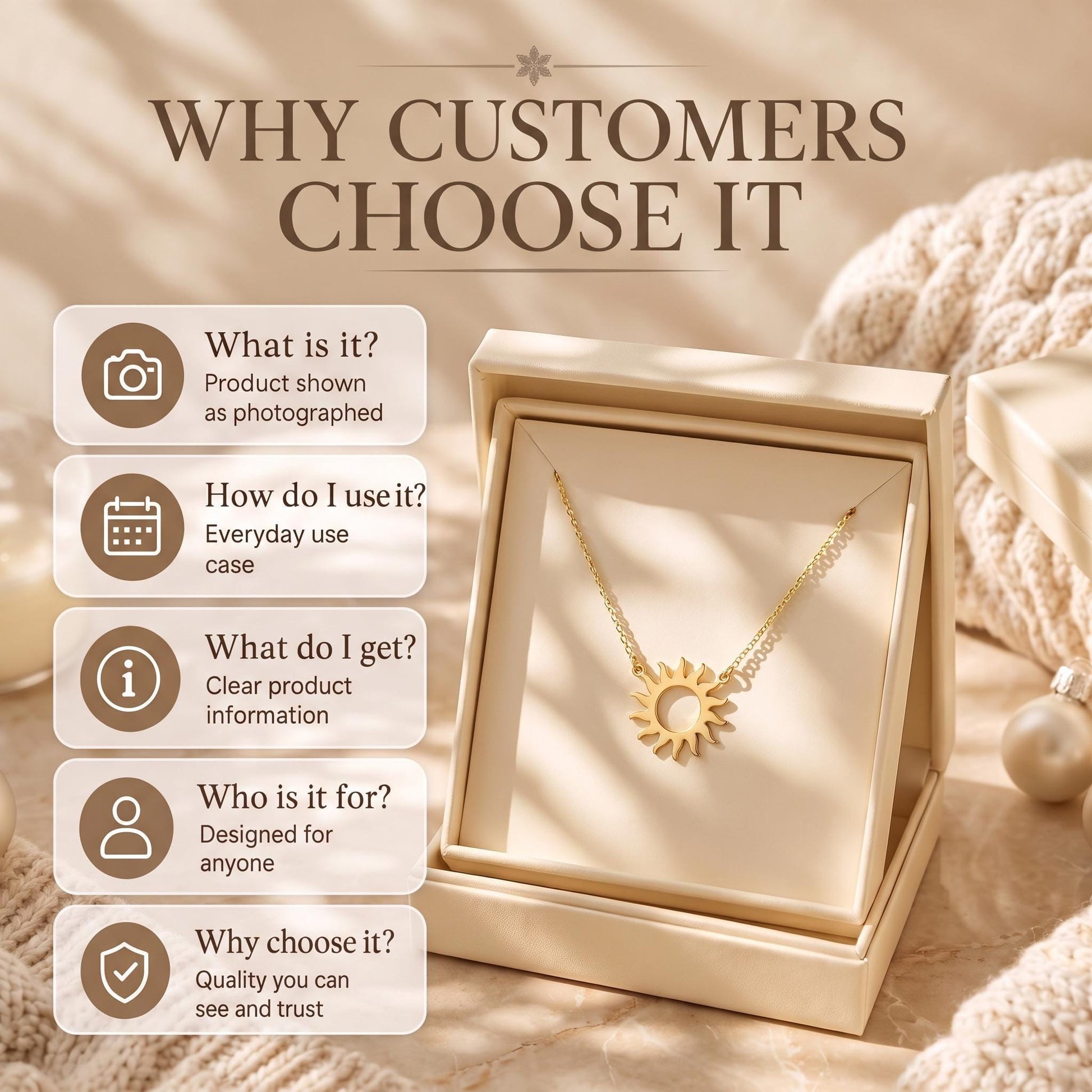 The image is an advertisement for a jewelry product, specifically a necklace, with a focus on the reasons why customers choose it.
