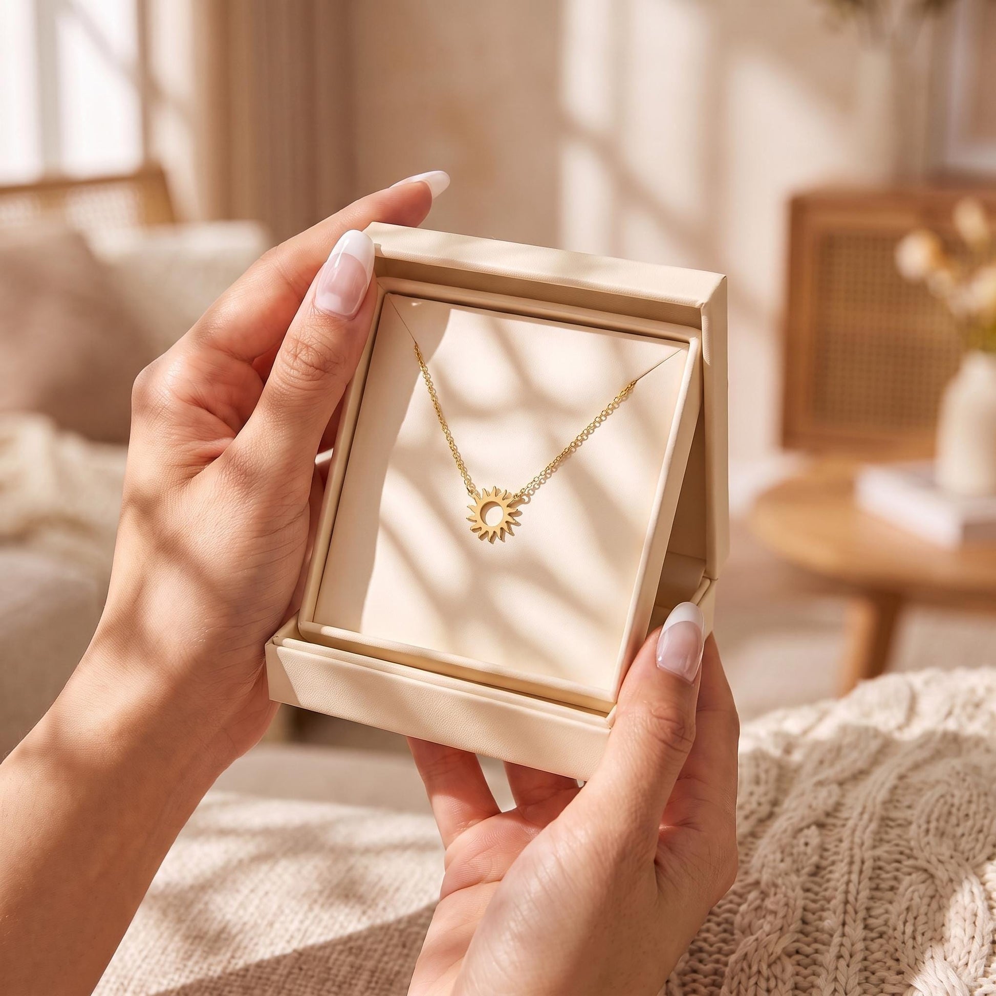 A person's hands holding a gold necklace in a white jewelry box, with a beige couch and a wooden table in the background.