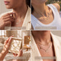 The image is a collage of four photos showcasing different styles of necklaces, including everyday wear, holiday party, perfect gift, and layer & style.